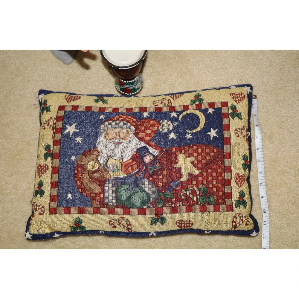Vintage Christmas Santa Claus Decorative Pillow 16x11 Navy Red Tapestry Woven